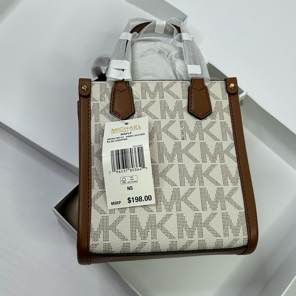 Michael Kors Extra Small Shopper Crossbody Bag Maple MK Logo Vanilla / Lugg NWT - Picture 2 of 16
